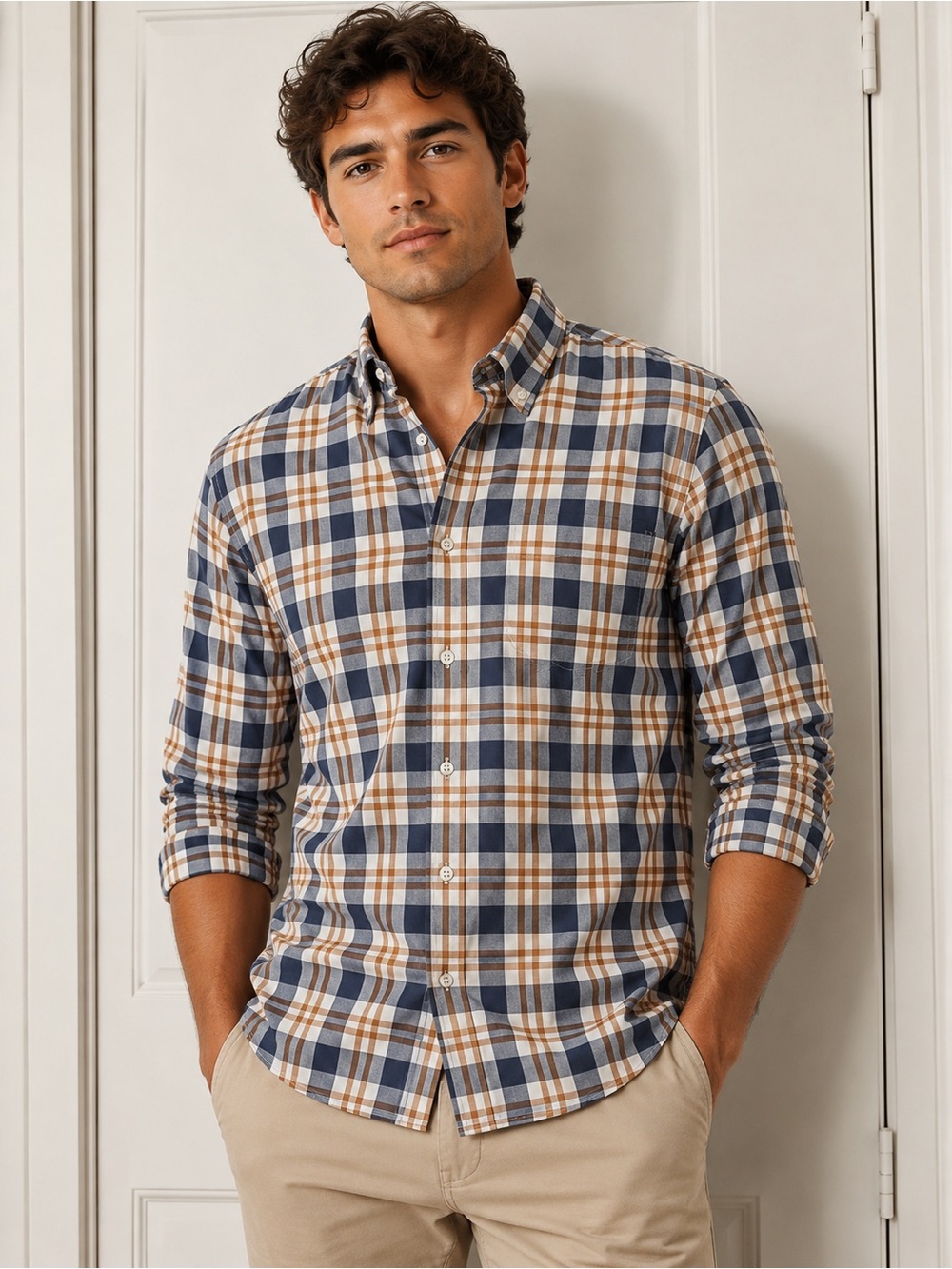 Denver Hayes Blue and Brown Plaid Button-Down Shirt